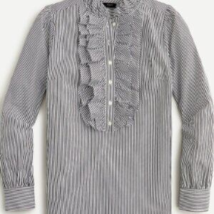 Thomas Mason® for J.Crew Ruffle-Front Top 💙 White & Blue – Size 14 – 0058